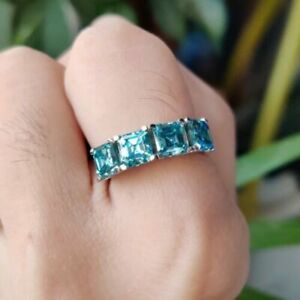 14K White Gold Plated 3Ct Asscher Cut Simulated Topaz Half Eternity Wedding Band