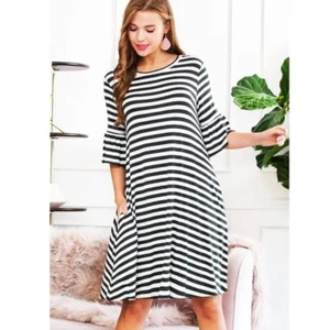 Reborn J Scoop Neck Bell Sleeve Casual Jersey Knit Dress Pockets Striped M - Picture 1 of 8