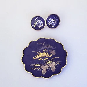 VINTAGE AMITA DAMASCENE PIN AND PIERCED EARRINGS - Picture 1 of 4