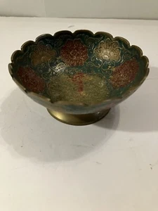 Beautiful Antique Brass Enamel Bowl Pedestal Mughal Moradad Dish Cloisonne Gold - Picture 1 of 7