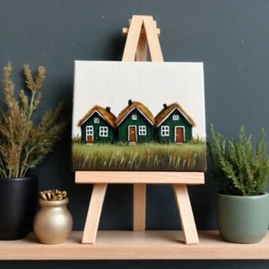 Icelands traditional turf houses art Cabin house painting Countryside landscape - Picture 1 of 9