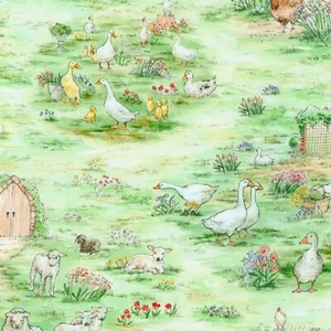 FARM ANIMAL SCENIC SPRING BUNNY LANE WISHWELL ROBERT KAUFMAN FABRICS - Picture 1 of 2