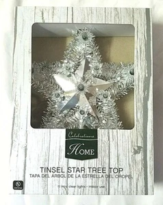 CELEBRATIONS HOME SILVER TINSEL STAR CHRISTMAS TREE TOP 11 MINI CLEAR LIGHTS NEW - Picture 1 of 11