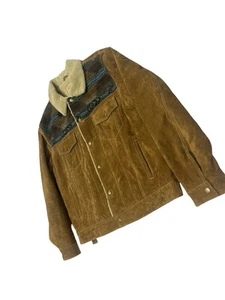 Scully Western Cafe Brown Sherpa Lined Boar Suede Aztec Trucker Jacket Sz L - Picture 1 of 12