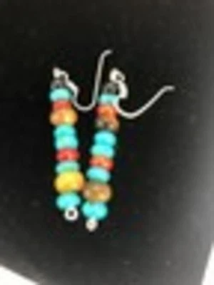Navajo Sterling Silver Turquoise Tigers Eye Coral Earrings 10097 - Image 1 of 4