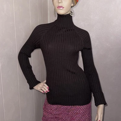 Suéter vintage Gucci marrom escuro gola tartaruga lã com nervuras seda cashmere M - Imagem 1 de 4