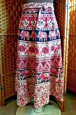 India Cotton Wrap Around Skirt Midi Boho Hippy Pink Black Elephant Floral O/S - Image 1 of 4
