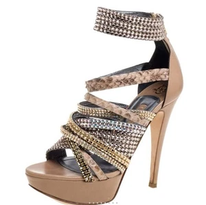 GINA Open Toe Beige Platform Heels Snakeskin & Diamonte Straps.UK5.5/38 Used - Picture 1 of 13