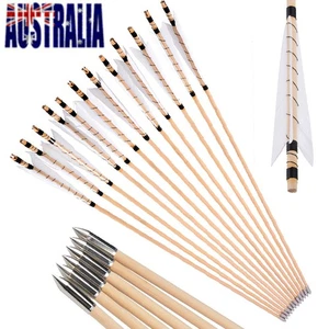 32.5" Wooden Arrow 5" Turkey Feather Traditional Longbow Archery Target Hunting - Picture 1 of 8