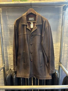Roots Made in Canada Men’s Leather Car Coat Jacket Brown Button Front Size L - Picture 1 of 2