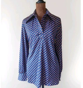 Vintage 70s Motivation Shirt Retro Women's Size M Blue Geometric Collared - Picture 1 of 7