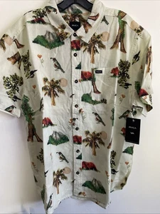 New RVCA Sport Designer Cool Linen Style Button Font Short Sleeve Shirt Size L - Picture 1 of 6