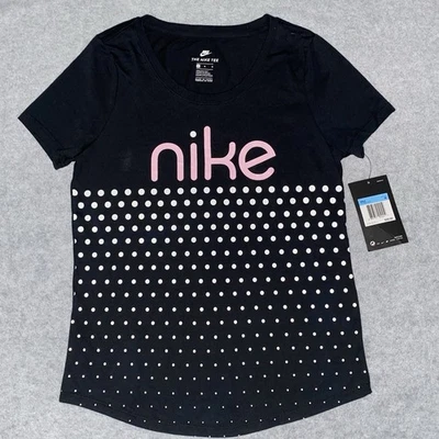 Nike Girls Medium Black Pink Logo Polka Dot Graphic Tee Shirt Casual Athletic - Image 1 of 4
