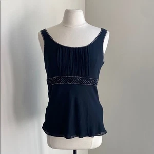 ANN TAYLOR Silk Tank Womens Sz 8 Black Beaded Babydoll Y2K - Picture 1 of 6