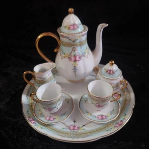 Miniature Tea Set Victoria's Garden Blue Pink Rose 10 pc Collectible Porcelain E - Picture 1 of 12