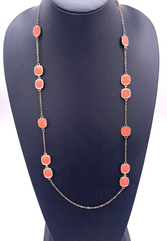 Ann Taylor Orange Enamel Station Chain Long Necklace Gold Tone Lobster Closure - Image 1 of 4