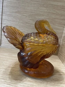 Vintage LE Smith Tom Turkey shaped Amber Glass Lidded Candy Dish centerpiece - Picture 1 of 12