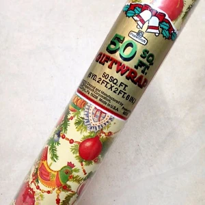 Vintage 70s Papercraft Christmas Ornaments Gift Wrapping Paper 50 Sq Ft Roll - Picture 1 of 6