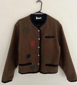 Vintage TRACHTENMODEN ALPENTRAUM Wool Cardigan Sweater Women 8 Brown Leaves - Picture 1 of 8