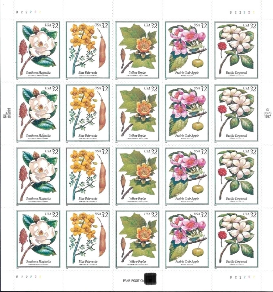 US #3193-3197 MNH M/S 1998 Flowering Tree Magnolia Poplar Dogwood [Pos 5 B22222] - Image 1 of 1