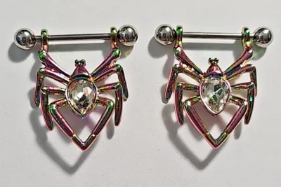 Araña de metal arco iris con gema 2 piezas ombligo/anillos para pezón/perforación corporal NiB Foto 1 de 4