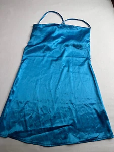 NWT Pretty Little Thing Blue Satin Strappy Mini Slip Dress Size 6 - Picture 1 of 8