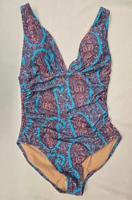 Traje de baño de una pieza floral de cachemira acanalada cuello en V J.CREW para mujer - azul - (grande) ¡NUEVO! Foto 1 de 4