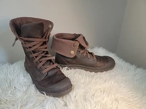 Women's 9 Paladium Boots Baggy Brown Leather And Canvas Military Style Slouchy  - Picture 1 of 6