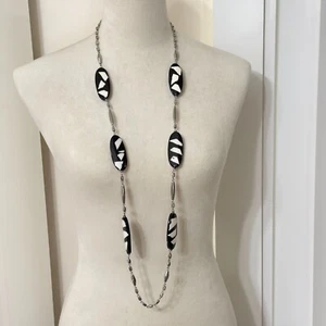 Chicos Boho Tribal Chunky Statement Necklace White Black 42" Zebra Animal Silver - Picture 1 of 10