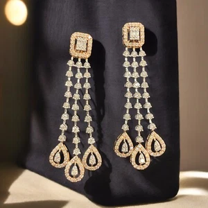 Real 2.66 Cts Round Baguette Natural Diamonds Dangle Earrings 14K Two-Tone Gold - Picture 1 of 13