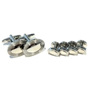 Silver Color Oval Cufflinks Shirt Studs Set In Box Men Wedding Essential Gift - Picture 1 of 5