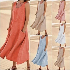 Sleeveless Ladie Summer Crew Neck Women Pockets Solid Dress Casual Maxi Sundress - Picture 1 of 19