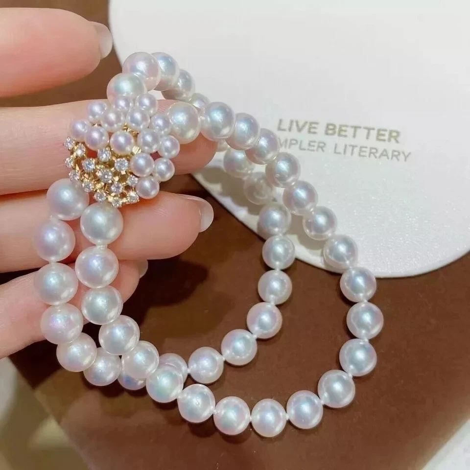 Preciosa pulsera de perlas blancas mar sur 8-9 mm 7,5-8" de dos hilos Foto 1 de 4