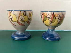 MIRKO Two EGG Cups by Artist Mirkó Guida Terracotta Pottery Italy Blue Bases - Picture 1 of 6