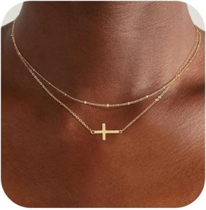 Cross Necklace for Women, 14K Gold Plated Layered Dainty Small Pendant Choker Cr - Picture 1 of 12