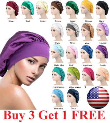 Women Satin Night Sleep Cap Hair Bonnet Hat Silk Head Cover Wide Elastic Band - Image 1 of 4