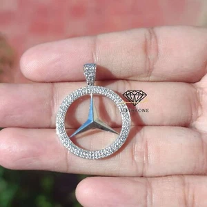 0.60 ctw D/FL Moissanite 14K White Gold Over Mercedes Medallion Pendant 1.2" - Picture 1 of 9