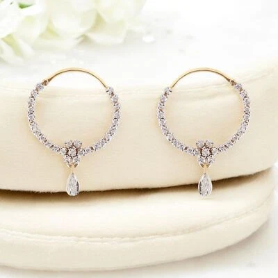 Real 0.75 Cts Round Brilliant Cut Natural Diamonds Hoop Earrings 14K Yellow Gold - Image 1 of 4