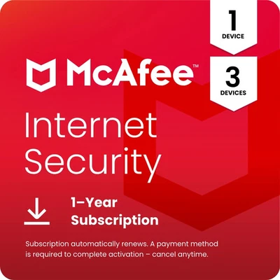 McAfee Internet Security Antivirus 2025 1, 3 Device 1 Year Auto-Renewal Digital - Image 1 of 4
