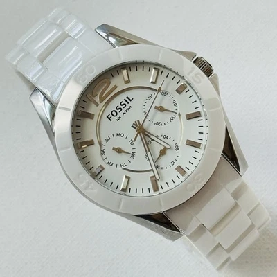 Fossil Riley Ceramic Women's Multifunction Bracelet Watch White Silver CE1002 - Image 1 of 4
