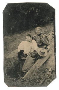 c1890 Tintype Portrait Two Women Sitting Outdoors On Hillside Large RR Mailbag - Picture 1 of 2