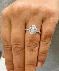 14k White Gold Oval Cut Diamond Engagement Ring Bridal Halo Prong Natural 1.50ct - Picture 1 of 9
