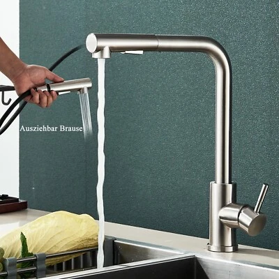 Brushed Nickel Kitchen Mixer Taps Pull Out Spray Single Lever Swivel Sink Faucet - Image 1 of 4