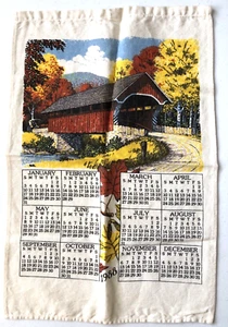 VTG 1988 Cloth Kitchen Calendar Tea Towel-Covered Bridge - Picture 1 of 5