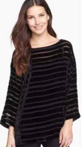 Eileen Fisher Velvet Burnout XS Top Blouse Black Striped Boat Neck Silk Blend - Picture 1 of 12