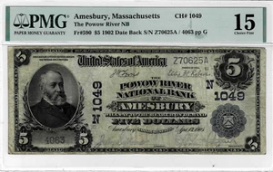 1902 $5 National Bank note 'Date Back' fr.590(Amesbury,MASS) CH#1049-PMG Fine 15 - Picture 1 of 6