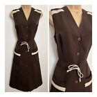 Vintage 70s Polyester Brown Sleeveless Tie Waist Mod Casual Day Dress Size 10