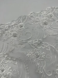 1 mtr white embroidered pearl scalloped bridal tulle net fabric 52” wide - Picture 1 of 5