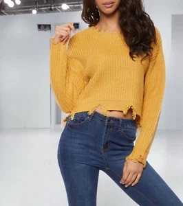 Sweater Women’s Plus Size Mustard Frayed Hem Knit Crew Neck Long Sleeve Size 3X - Picture 1 of 5
