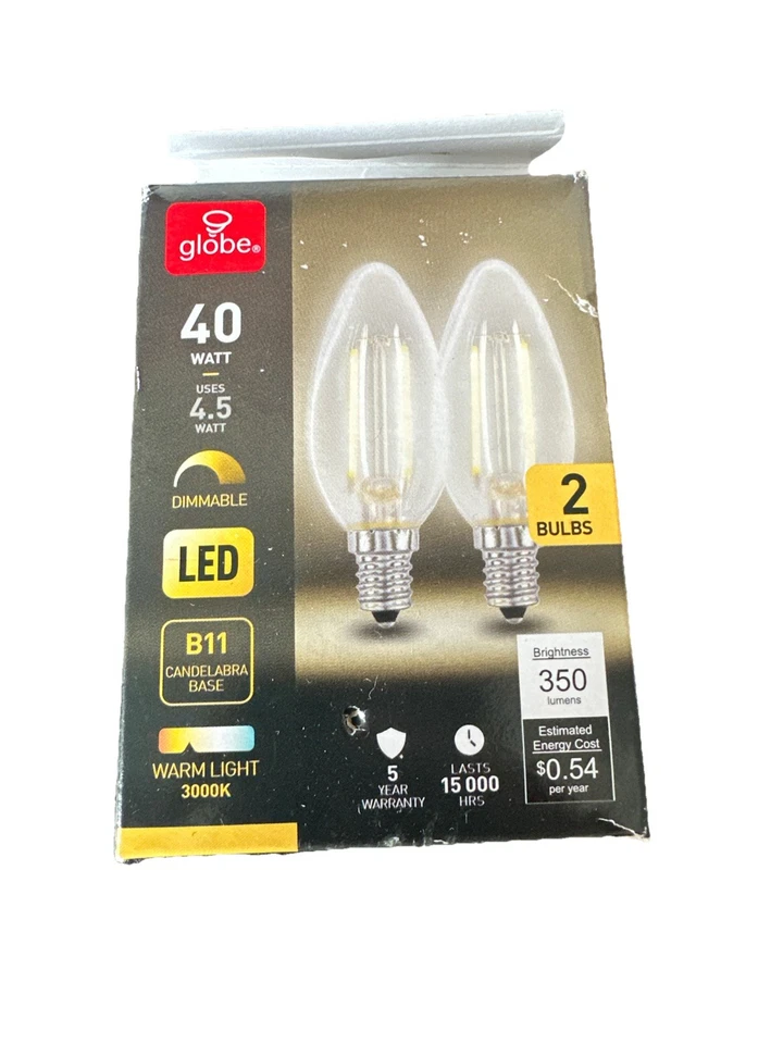 Globe 40watt Dimmable Led B11 Candelabra Base Warm Light 3000k 2 Bulbs FreeS&H! - Image 1 of 1